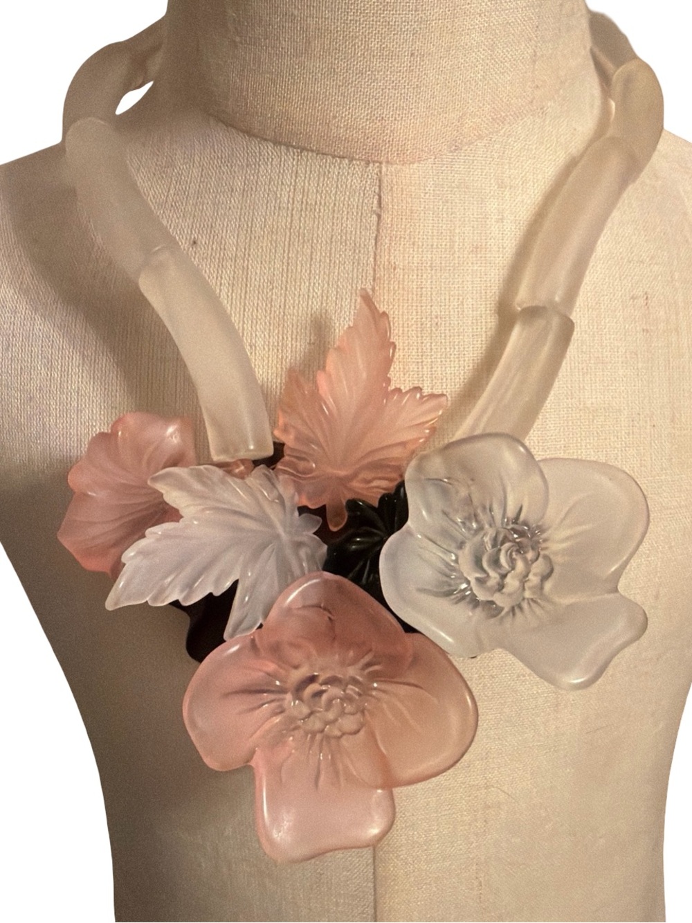 Vintage Statement Floral Lucite Necklace in Frosted Pink and Frosted White